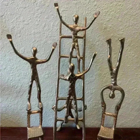Plutus, Turre & Tagus Metal Art Sculptures Men On Ladder & Chair Set Of 3 Worker - Picture 1 of 8